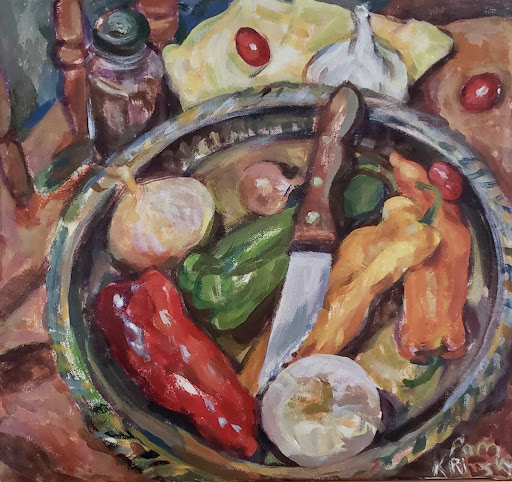 colorful peppers on a brass tray